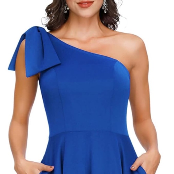 JASAMBAC Women's Bow One Shoulder Dress with Pockets A-line Cocktail Party Dress - Picture 1 of 2